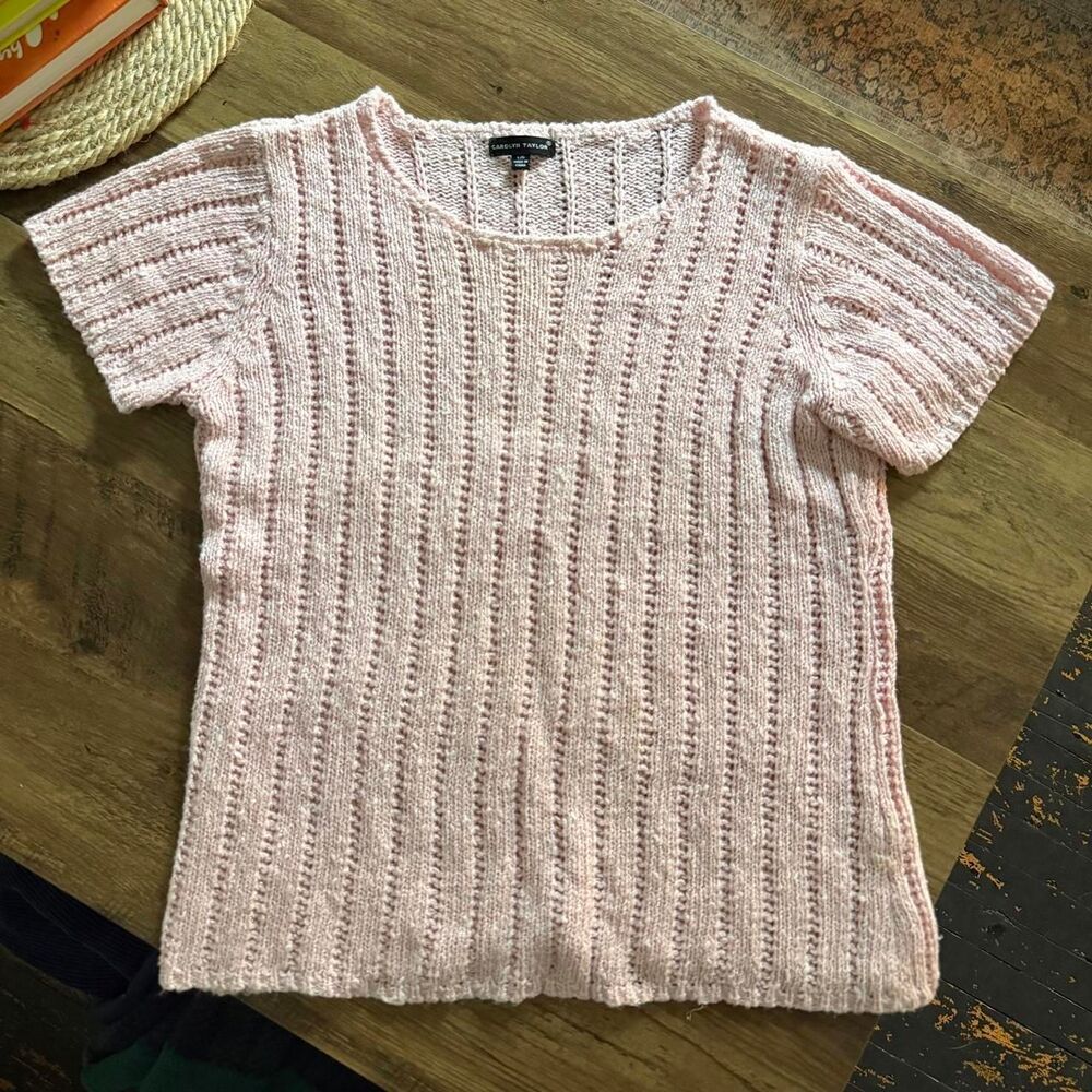 Carolyn Taylor baby pink, short-sleeve rib-knit sweater top
